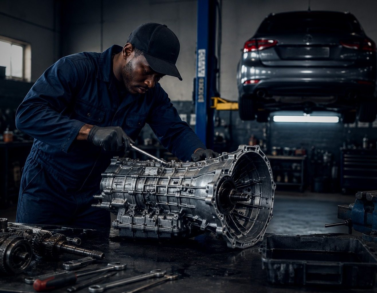 Mechanic working on a removed vehicle gearbox on a workbench, with a car raised on a lift in the background