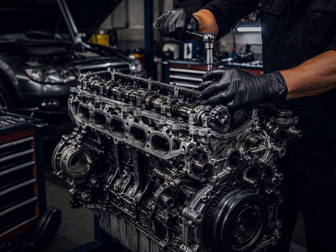 Close-up of a mechanic servicing an engine cylinder head and camshaft assembly with a ratchet, vehicle visible in the background