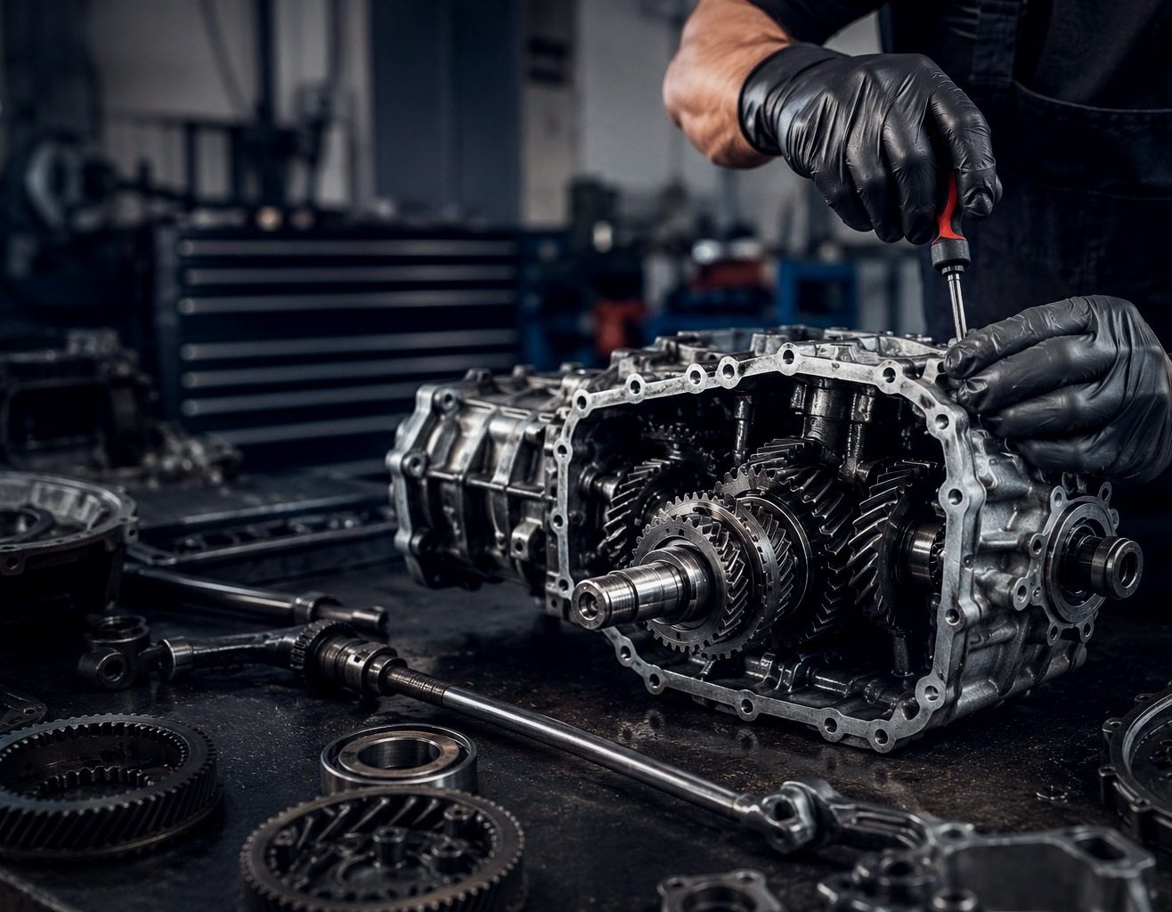 Mechanic's gloved hands working on an open manual gearbox with a screwdriver, surrounded by gear components on a workbench